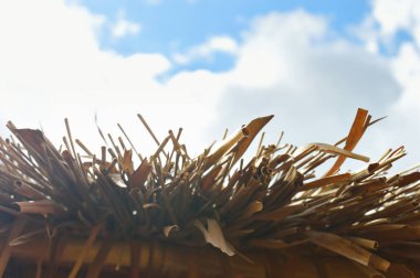 Arka plan mavi bir gökyüzü ile bir thatched çatı