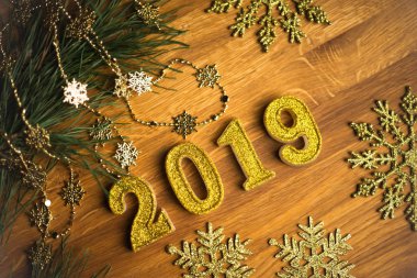 Mutlu yeni yıl 2019 arka plan. Numarasına 2019 tahta üzerinde sembol.