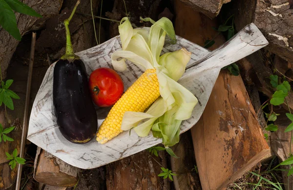 tomato, eggplant and corn over a wooden leave