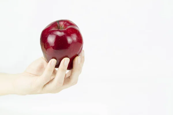 El bir sunulan b gibi kırmızı elma tutan genç bir kadın — Stok fotoğraf