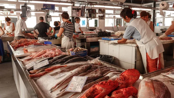 View of the fish market in Ciutadella de Menorca, with various c — Stock Image View of the fish market in Ciutadella de Menorca, with various c Royalty Free Stock Photos