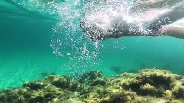 水中から撮影黒ビキニで美しい若い女性のスローモーションフリースタイルと透明な水の中でイルカ岩や色の海の植生や白い砂の海底にマスクやシュノーケリング — ストック動画