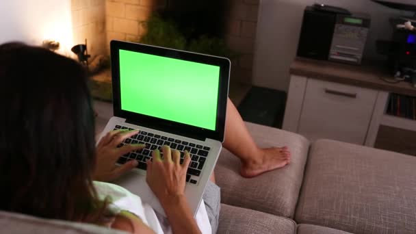 Una Joven Trabaja Portátil Con Pantalla Verde Casa Sentada Sofá — Vídeo de stock