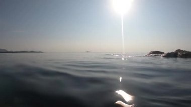 Sabah arka ışıkta deniz düzsu yüzeyinde çekim yansımaları ve ufukta bir deniz uçağı ile. Suya girip çıkar