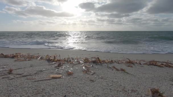 Bakgrundsbelyst Betraktningsvinkel Vit Kvarts Sand Korn Med Havsvågor Och Molnig — Stockvideo