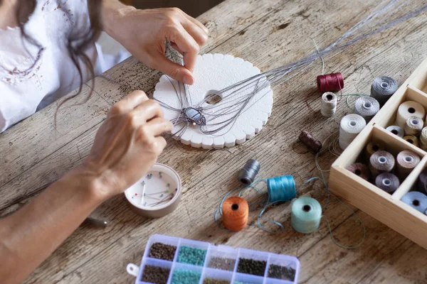 Top Angle View Woman Work Home Making Hand Made Micro — Stock Photo, Image