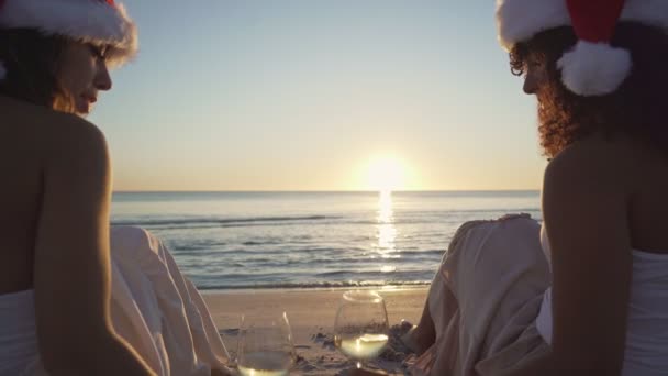 在日落或黎明时分 两个身披圣诞礼帽 头戴圣诞礼帽 端着白葡萄酒敬酒的多民族好友的背影 庆祝节日的女性场景 — 图库视频影像