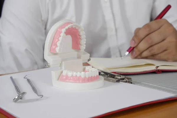 Dentysta, siedzi przy stole z modelu zębów i narzędzia w profesjonalny gabinet stomatologiczny, koncepcja medycznych i stomatologicznych — Zdjęcie stockowe