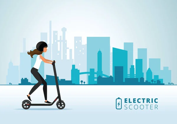 Jeune femme équitation scooter électrique — Image vectorielle