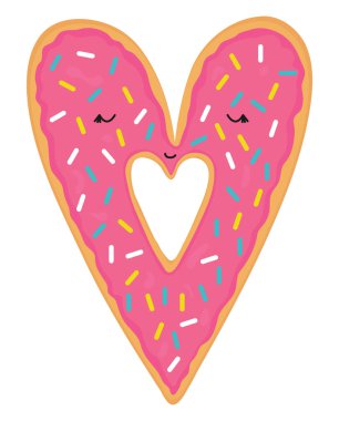 Kalp şeklinde sevimli pembe karikatür donut Vektör illüstrasyon, sevgililer günü tebrik kartları, parti davetiyeleri, posterler, baskılar için kullanılabilir.