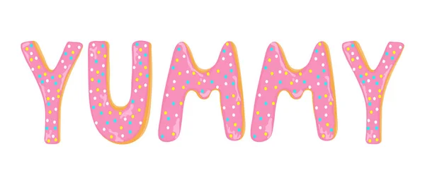 Word lezzetli donuts mektuplar yaptı. Elle çizilmiş buzlanma tatlı vektör — Stok Vektör