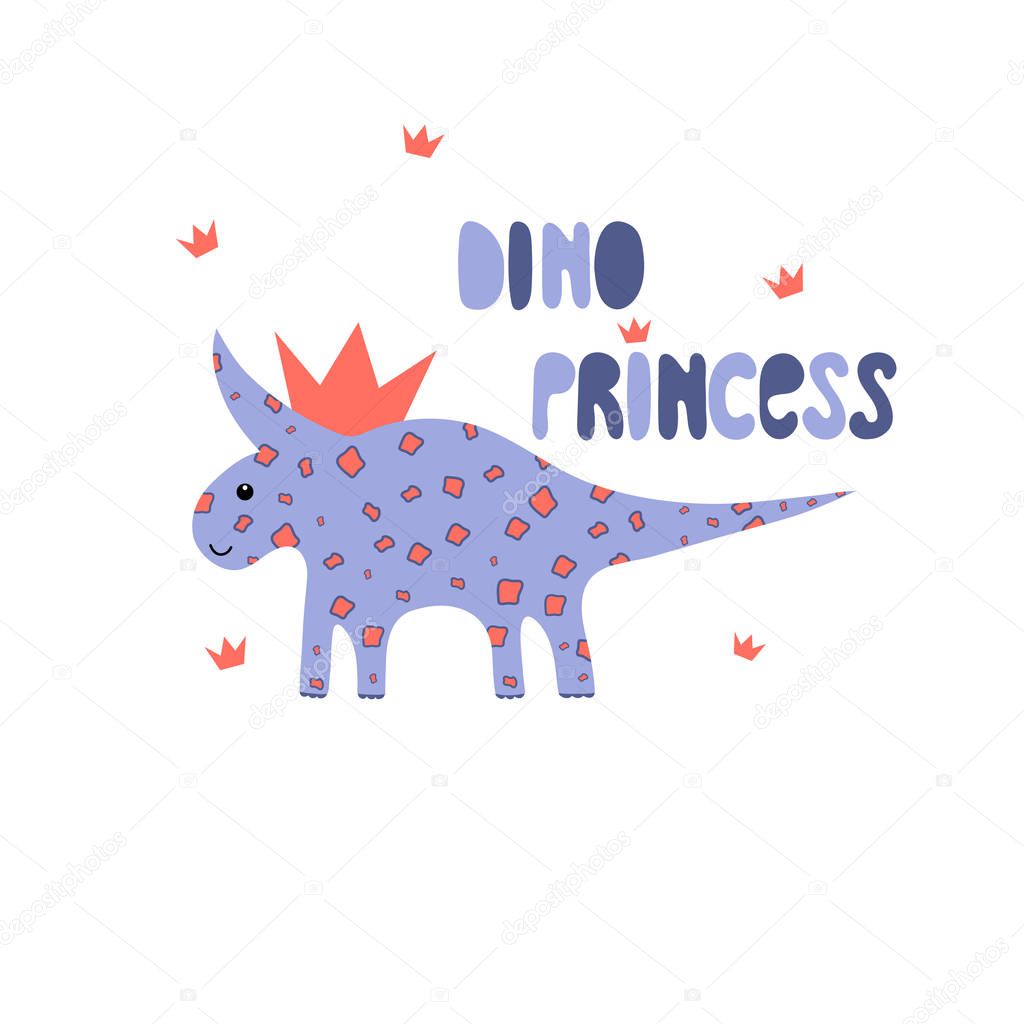Dinosaur girl cute print. Cool dino princess with crown illustration for nursery t-shirt, kids apparel, invitation, child design. Text slogan vector