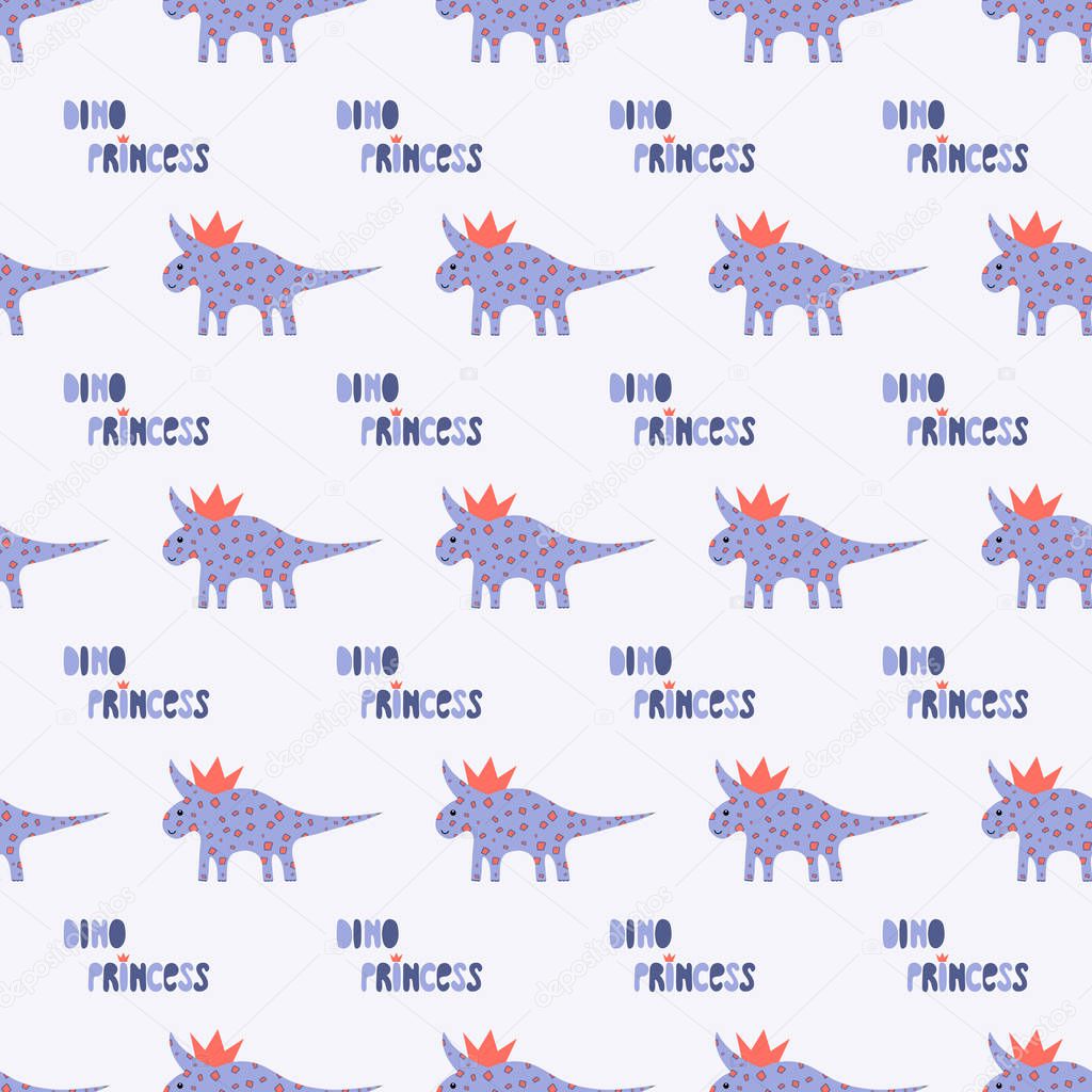 Cute dinosaurs with crowns seamless pattern on the dark background. Vector dino texture for kids. Design for nursery background. Perfect for kids design, fabric, wrapping, wallpaper, textile