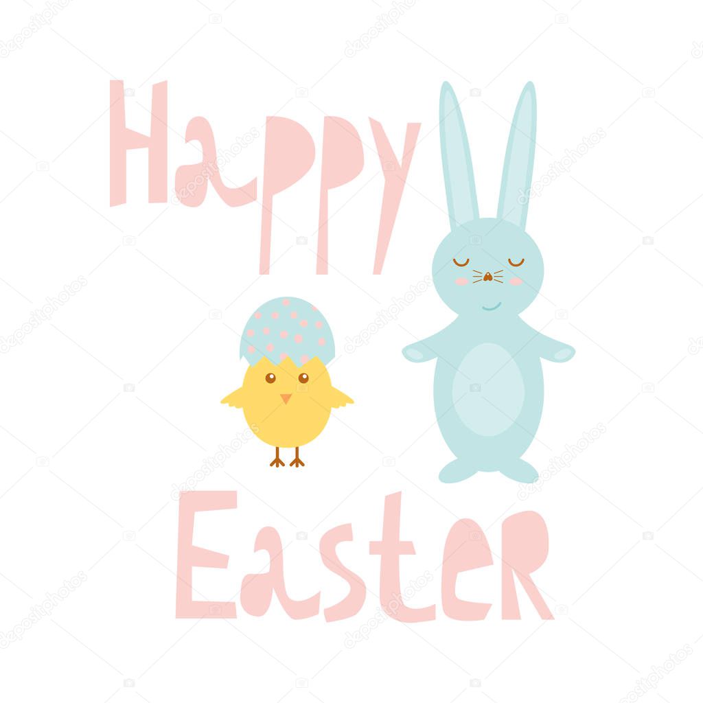 Happy Easter greeting card template with bunny and chick, design vector illustration