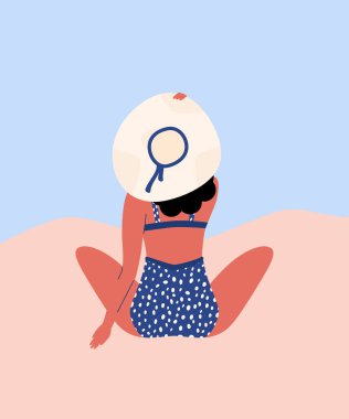 Mayo ve denize bakarak şapka kız güzel vektör çizim