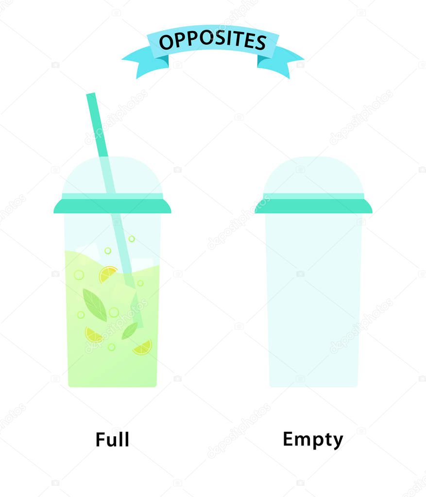 Wordcard for full and empty antonyms and opposites. Illustration of a full glass and empty glass on white background. Card for teaching aid, for foreign language learning lessons. Vector illustration