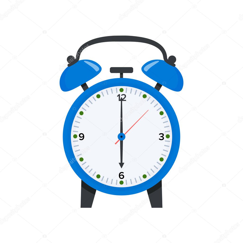 Blue alarm clock displaying six o clock in flat style illustration. Wake up symbol. Vector 6 o clock icon