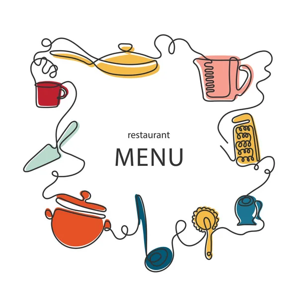 Concept de dessin d'une ligne pour un menu de restaurant. Art linéaire continu de couteau, fourchette, assiette, casserole, cuillère, râpe, louches, rouleau à pâtisserie — Image vectorielle