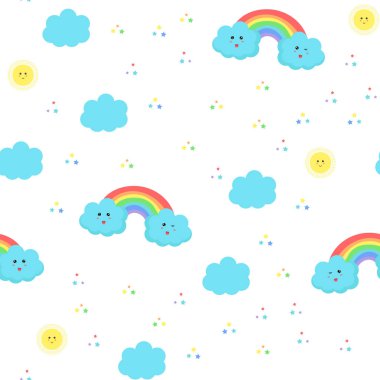 Sevimli bulutlar, gökkuşağı, güneş ve yıldız ile Vektör çocuk desen.