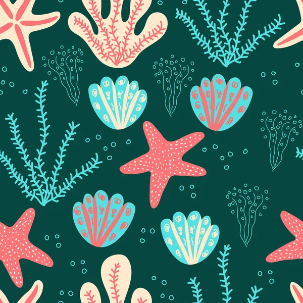 Seamless pattern for kids displaying cartoon undersea world with starfish, seaweed, corals, seashell. — Stock Vector