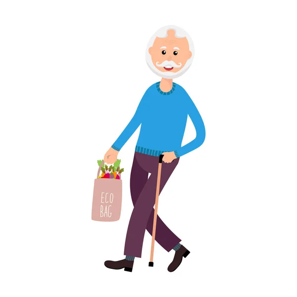 卡通老优雅的男人与生态购物袋 — 图库矢量图片