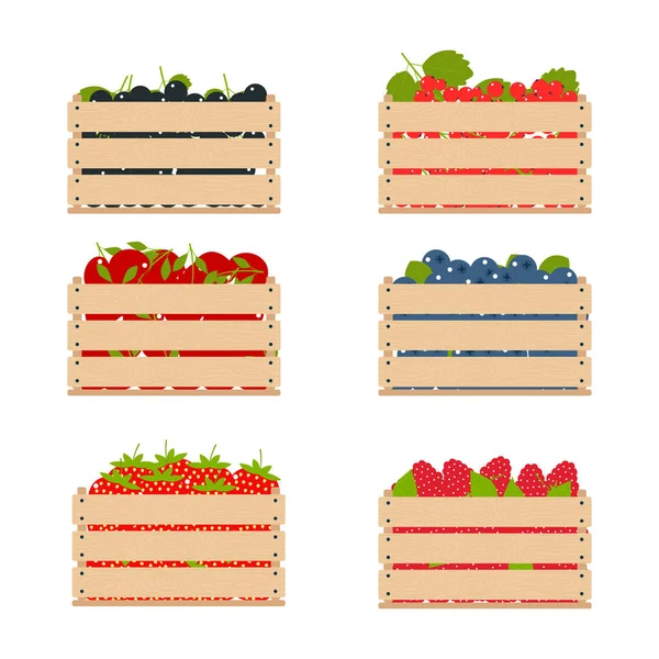 Holzkisten mit Früchten vom Bauernhof. — Stockvektor