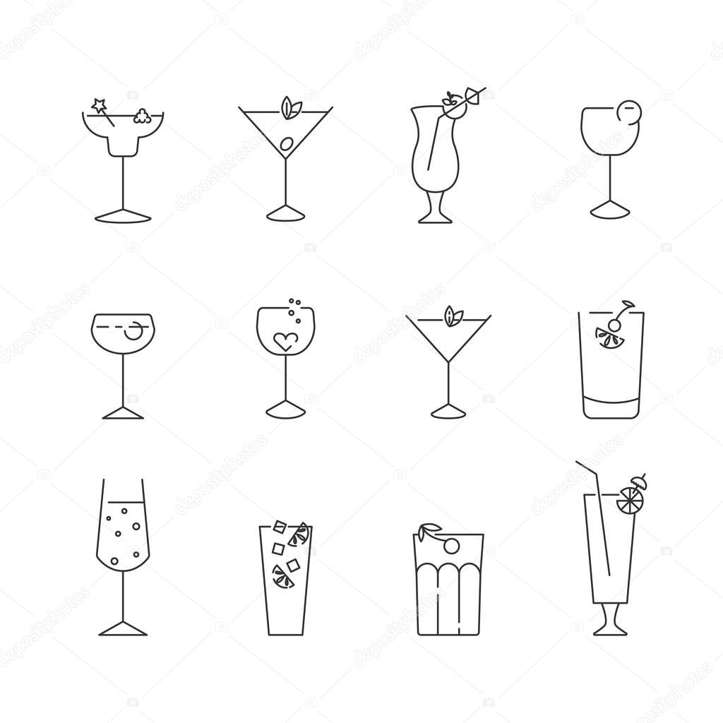 Set of simple line icons of classic cocktails. Outline symbol collection.