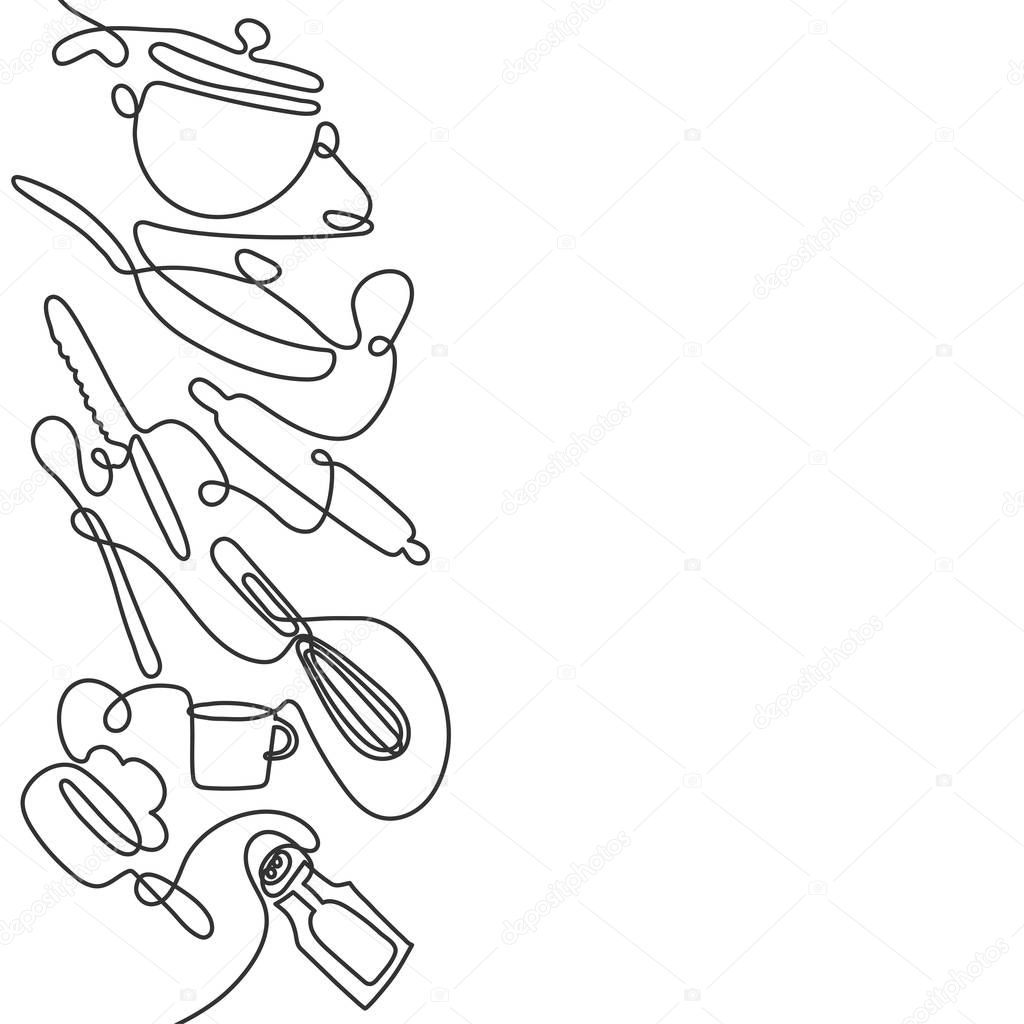 Cutlery line art background. One line drawing of different kitchen utensils. Vector