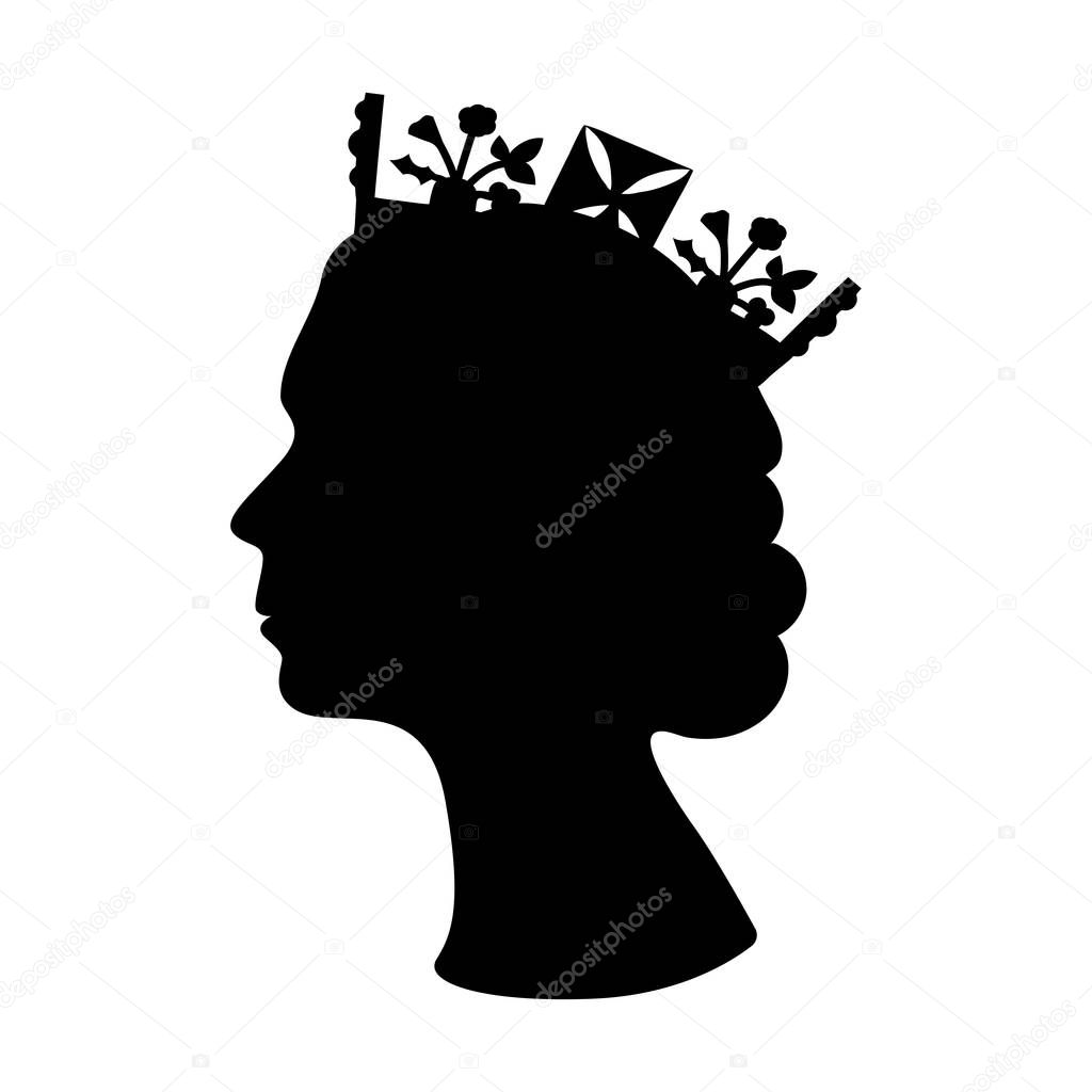 Black silhouette of Queen Elizabeth wearing the crown. Black and white illustration of the queen side view.