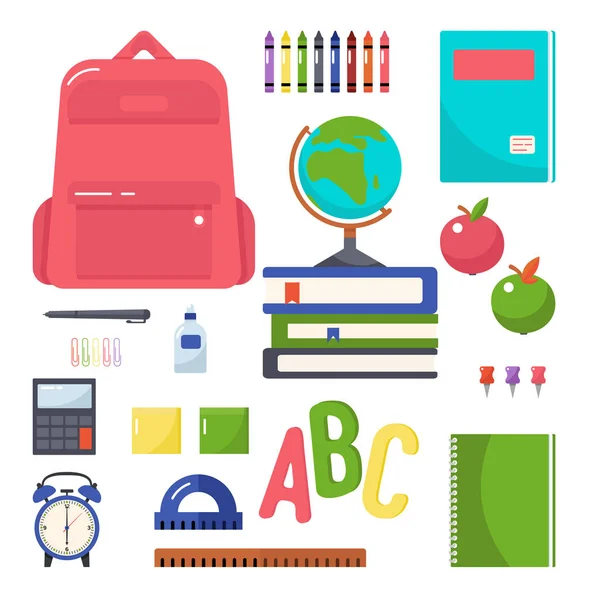 Vector colorful illustration of a school backpack, books, globe, crayons, notebook, pad, calculator, sticker sheet, pen, paper clips, glue, rulers and other school supplies on a white background.