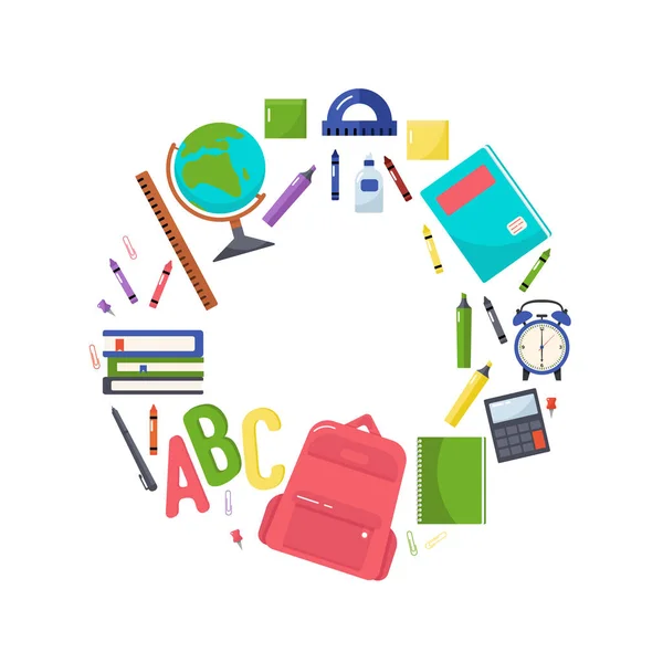 Векторная красочная иллюстрация школьного рюкзака, книг, глобуса, карандашей, блокнота, блокнота, калькулятора, листа стикера, ручки, скрепки, клея, линейки и других школьных принадлежностей на белом фоне . — стоковый вектор