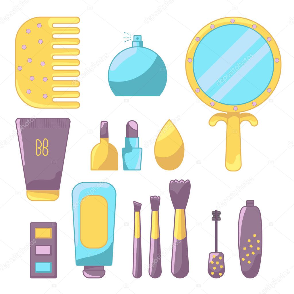 Set of colorful cosmetic elements and accessories