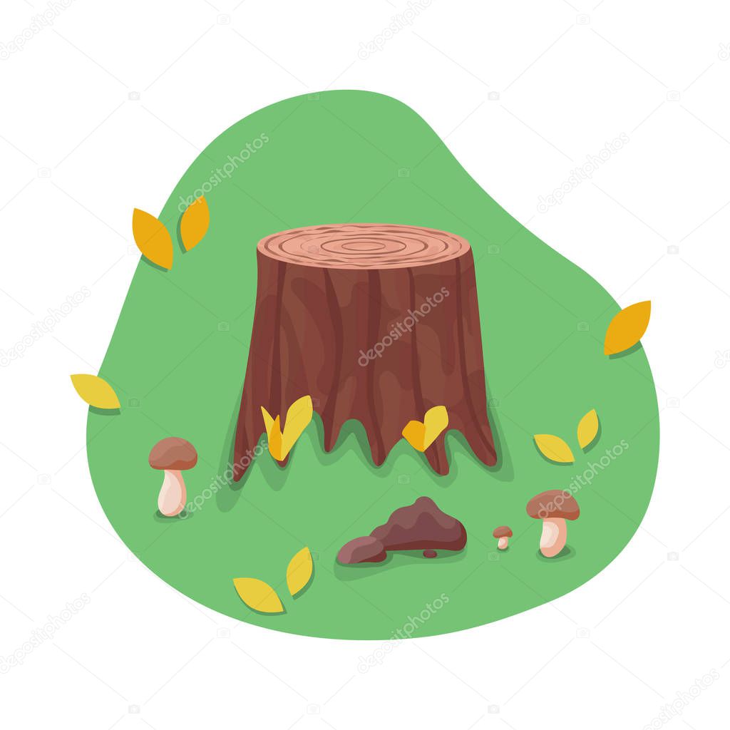 Vector stump surrounded with mushrooms and leaves