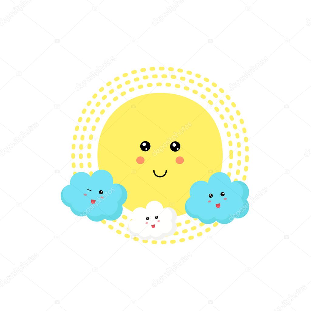 Cute sun surrounded by cute clouds. Ideal for cards for kids, posters, invitation.