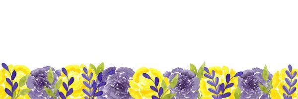 Bannière fleur aquarelle avec des roses jaunes et violettes et des feuilles sur fond blanc . — Photo