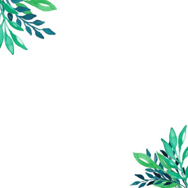 Suluboya el beyaz arka plan ve kopyalama alanı izole yaprakları ve dalları ile minimalist kare çerçeve boyalı.