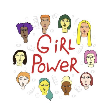 Kız güç illüstrasyon kadın yüzü ile ifadeler. Feminist poster.