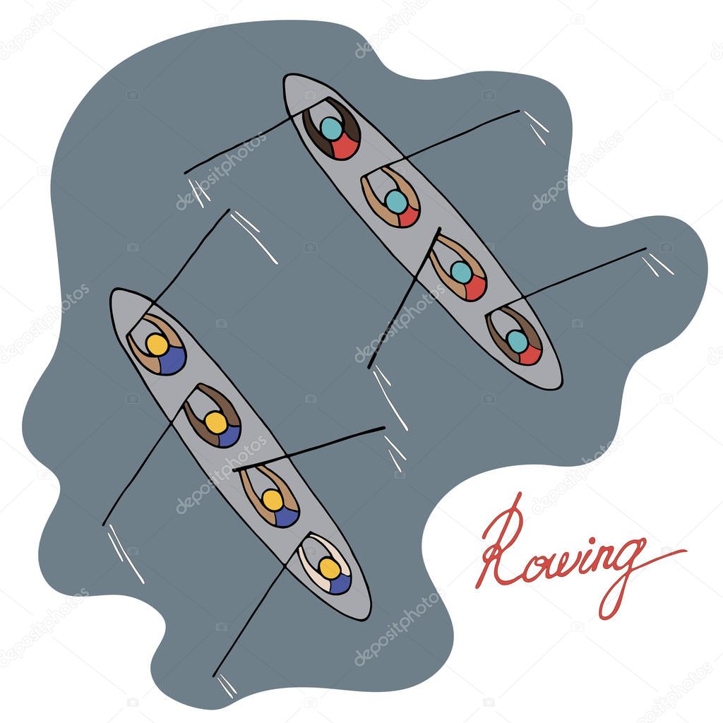 Rowing team, competition on the open water, sport flat illustration with lettering.