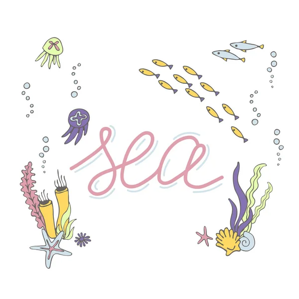 Set with hand drawn sea inhabitants elements and lettering — Stock Vector