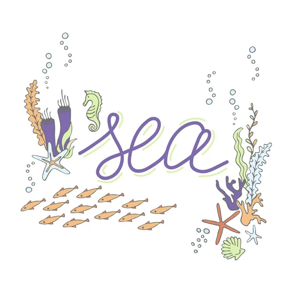 Set con elementos y letras dibujados a mano por los habitantes del mar — Vector de stock