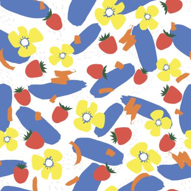 Çilek ve çiçekler ile sorunsuz vektör desen