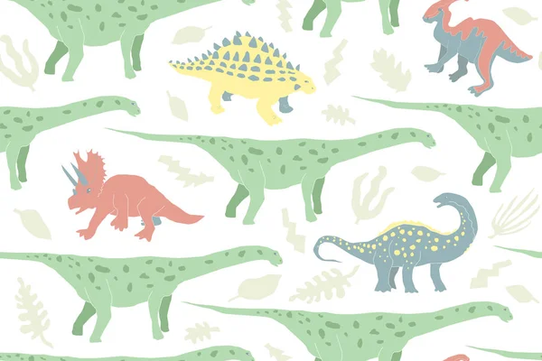 Cute herbivorous dinosaur seamless pattern — Stock Vector