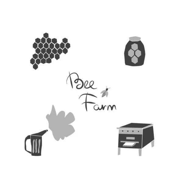 Včelařská ručně kreslená kreslená sbírka s předměty — Stockový vektor