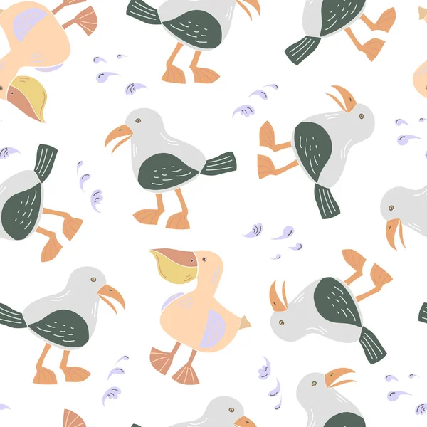Padrão sem costura com gaivotas e pelicanos bonitos . — Vetor de Stock