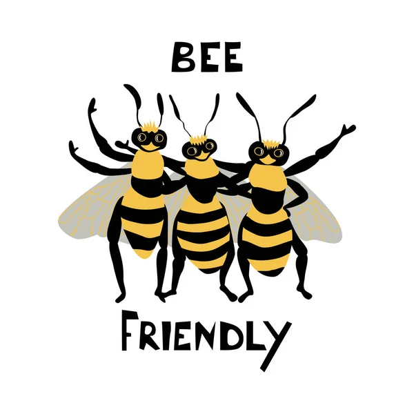 Мультфильм ручной работы пчелы в плоском стиле с надписью Bee Friendly — стоковый вектор