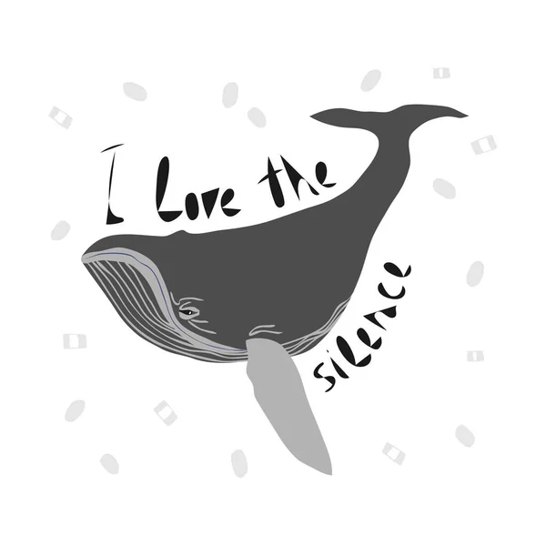 Wal flache handgezeichnete Illustration mit Inschrift Ich liebe die Stille — Stockvektor