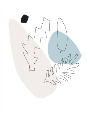 Tropikal yapraklar ve şekillerle soyut bir kompozisyon. Vektör el çizimi