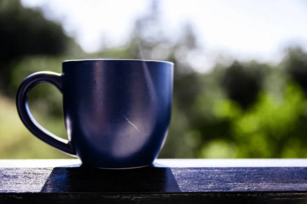 Blue Mug Morning Coffee Balcony Ledge Sky Stockfoto