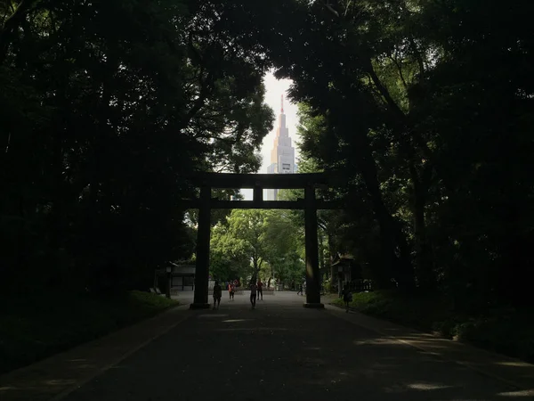 Blick auf den ntt docomo yoyogi durch einen natürlich von Bäumen geschaffenen Rahmen in Tokio, Japan — Stockfoto