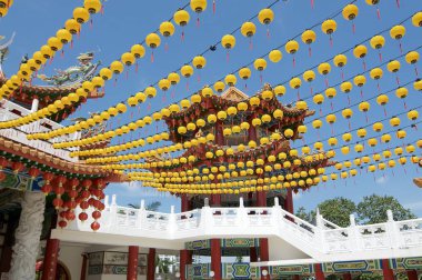 Yellow lantern decoration and Pagoda of Thean Hou Temple